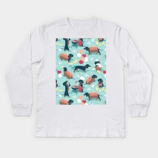 Hot dogs and lemonade // pattern // aqua green background navy and brown dachshunds Kids Long Sleeve T-Shirt